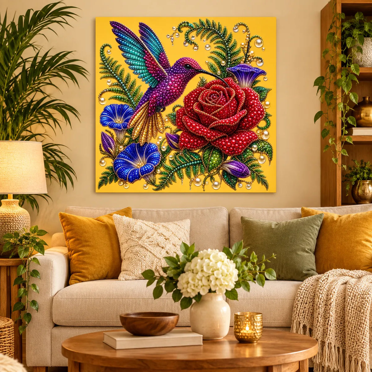 Hummingbird Red Rose Pearl Diamond Painting Kit – room image