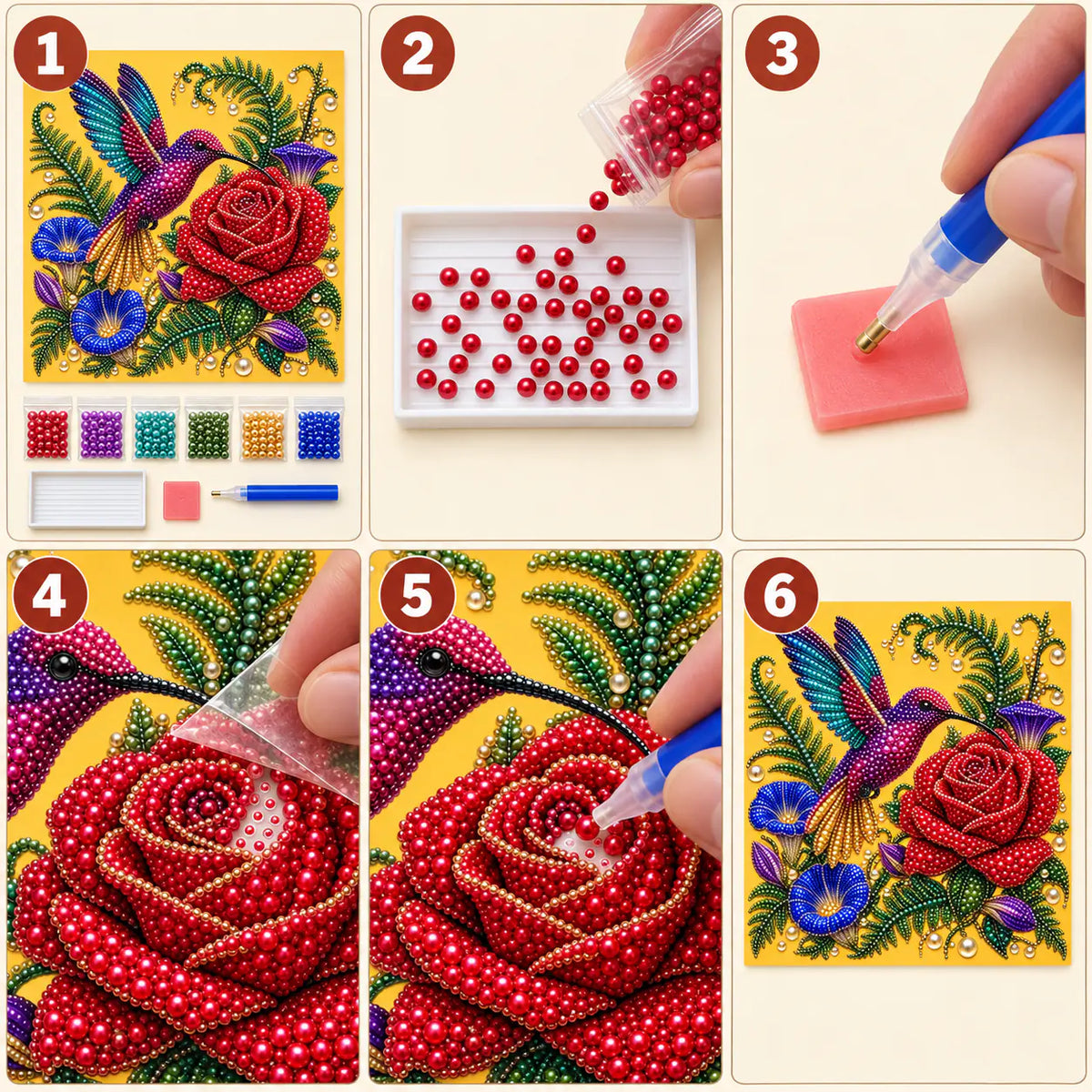 Hummingbird Red Rose Pearl Diamond Painting Kit – tutorial image