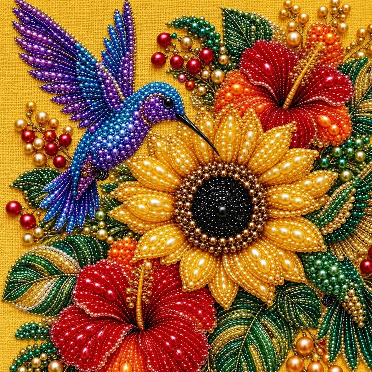 Hummingbird Sunflower Hibiscus Pearl Diamond Painting Kit – detail image