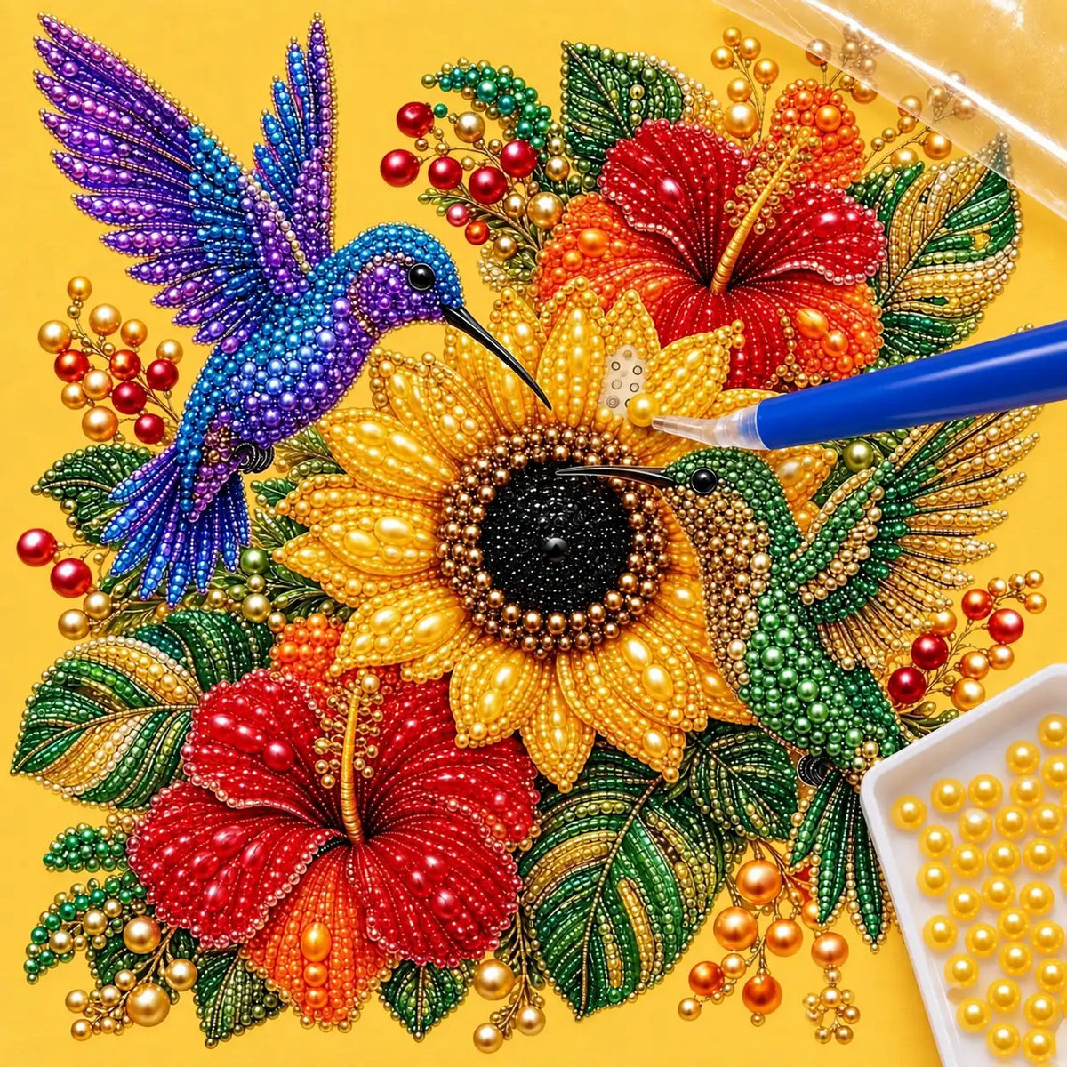 Hummingbird Sunflower Hibiscus Pearl Diamond Painting Kit – process image