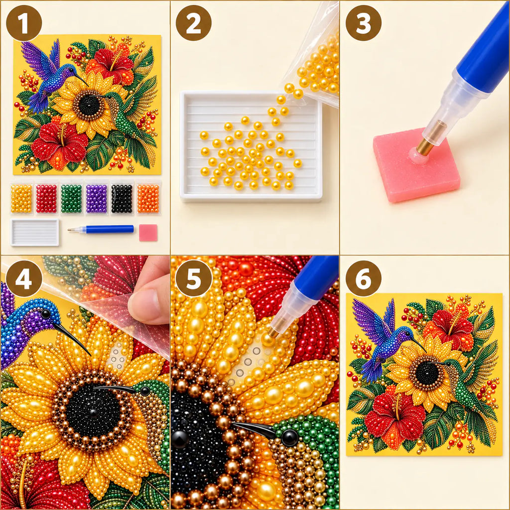 Hummingbird Sunflower Hibiscus Pearl Diamond Painting Kit – tutorial image