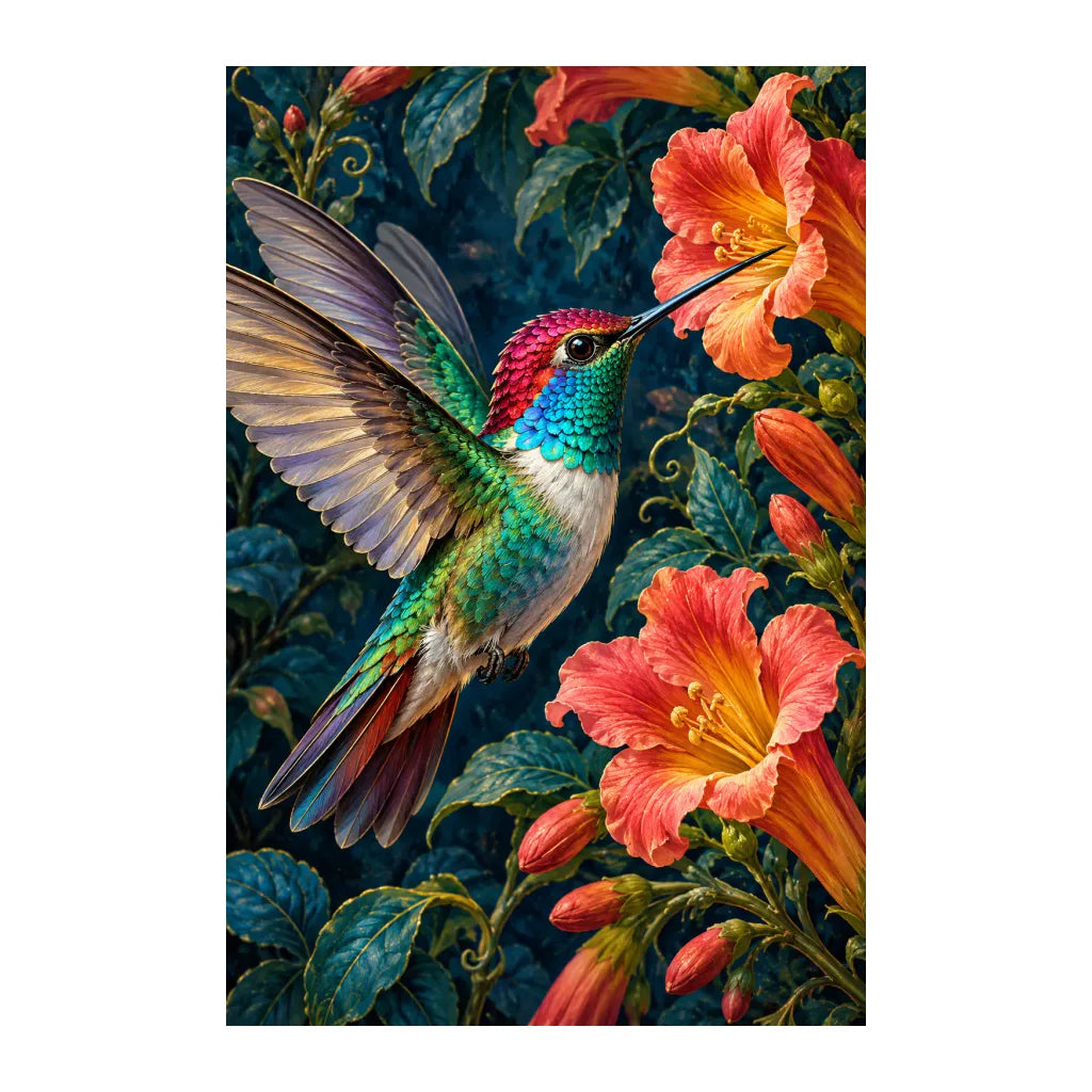 White-background original artwork of an iridescent hummingbird among coral-red trumpet flowers