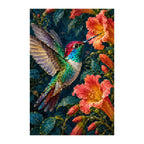 White-background finished diamond painting of a hummingbird hovering by trumpet flowers