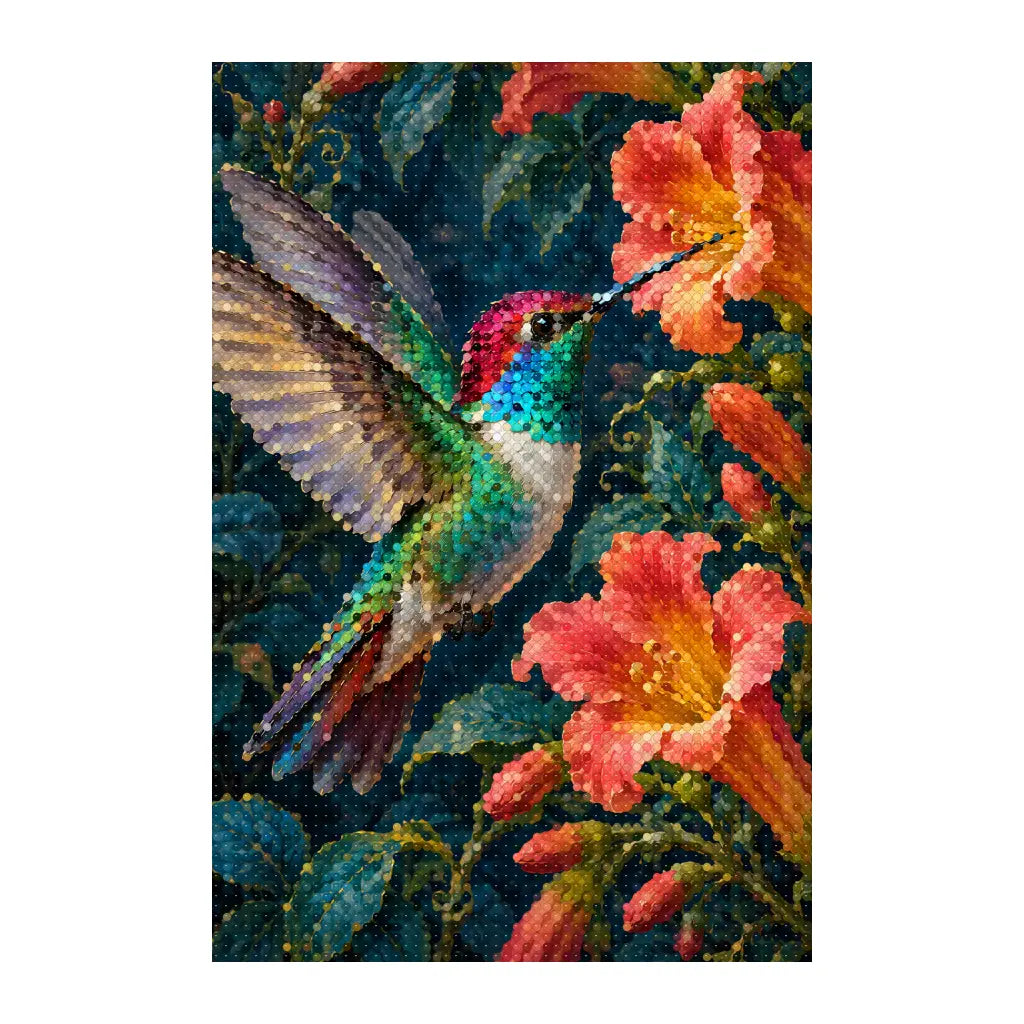 White-background finished diamond painting of a hummingbird hovering by trumpet flowers