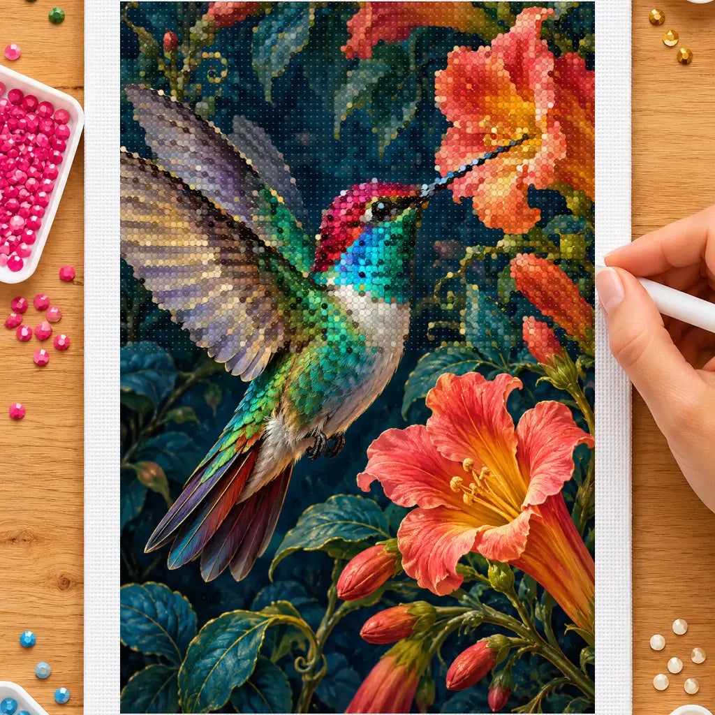 Hands placing drills on the hummingbird and trumpet flower diamond painting canvas