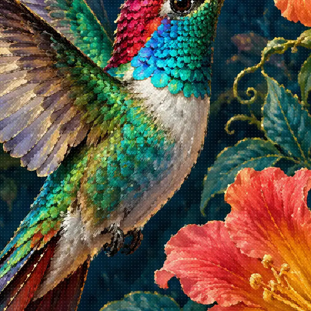 Close-up diamond detail of the hummingbird's iridescent feathers and red blossoms