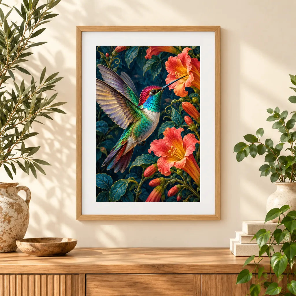 Framed home display of the hummingbird trumpet flowers diamond painting