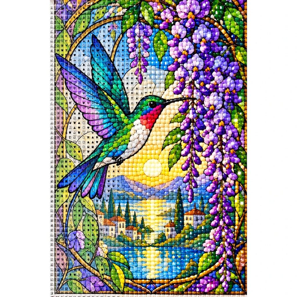 Hummingbird Wisteria Lake Diamond Painting Kit — canvas and drill material detail