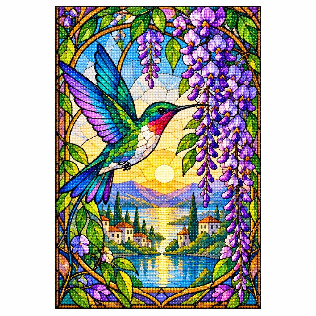 Hummingbird Wisteria Lake Diamond Painting Kit — finished diamond painting on white background
