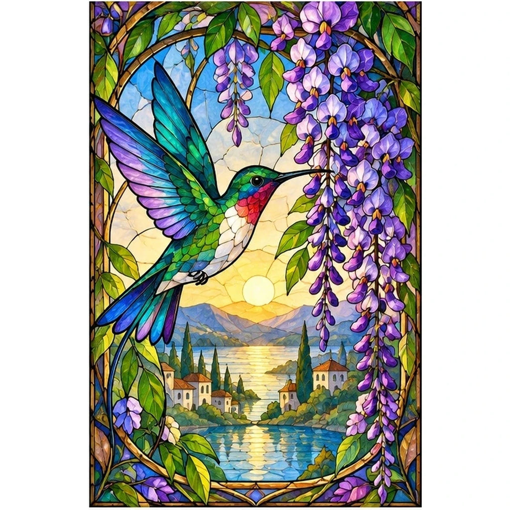 Hummingbird Wisteria Lake Diamond Painting Kit — original white-background artwork