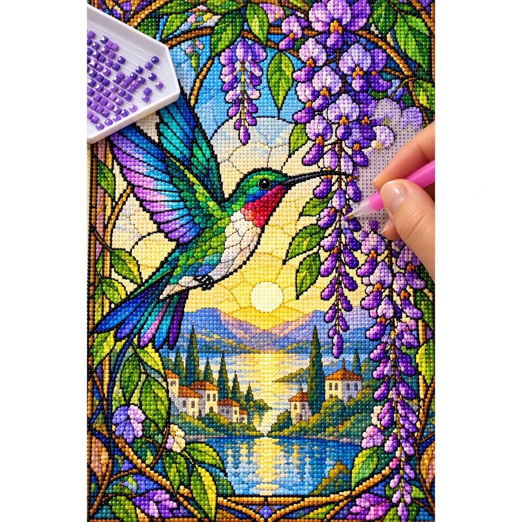 Hummingbird Wisteria Lake Diamond Painting Kit — diamond painting application process