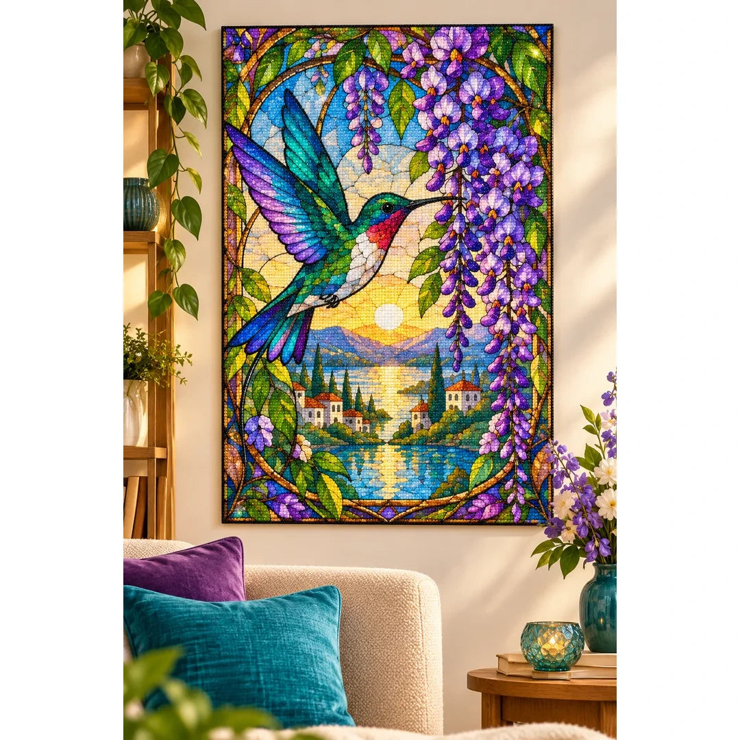 Hummingbird Wisteria Lake Diamond Painting Kit — finished diamond painting in a home setting
