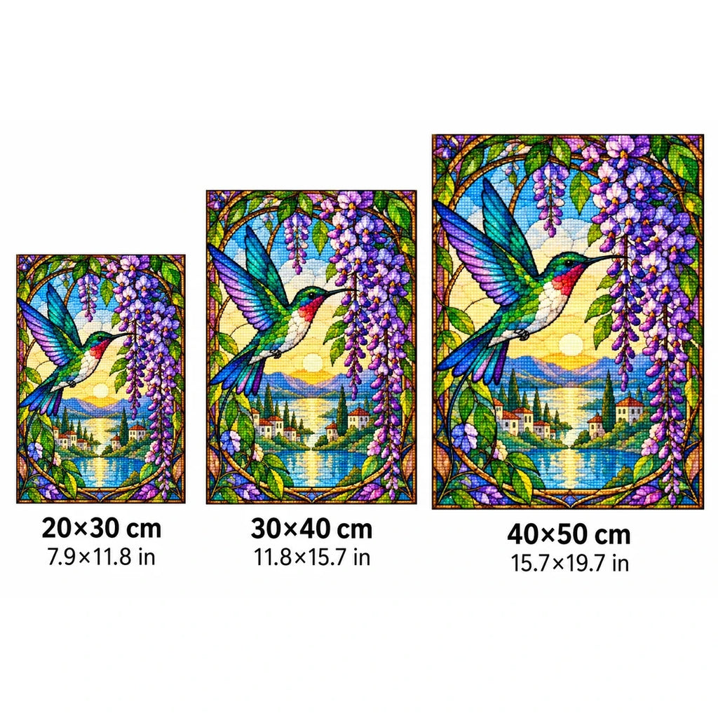 Hummingbird Wisteria Lake Diamond Painting Kit — 20 by 30, 30 by 40, and 40 by 50 centimeter size guide