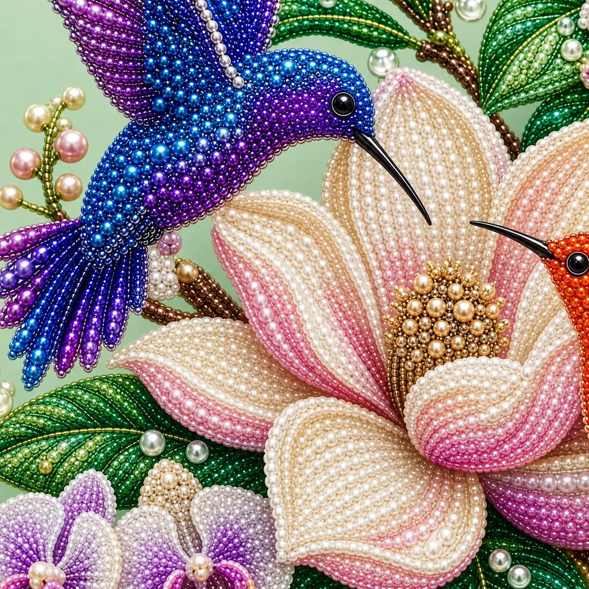 Hummingbirds Magnolia Orchids Pearl Diamond Painting Kit – detail image