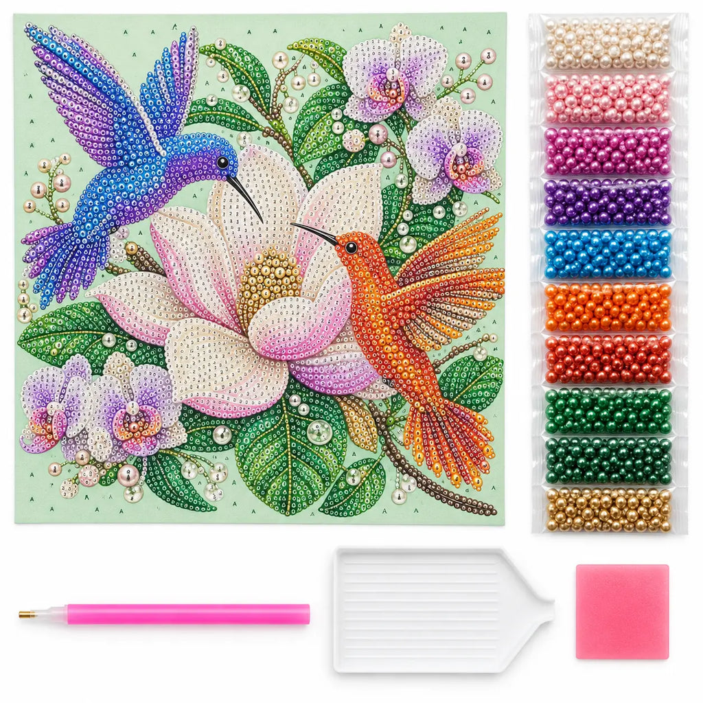 Hummingbirds Magnolia Orchids Pearl Diamond Painting Kit – kit image