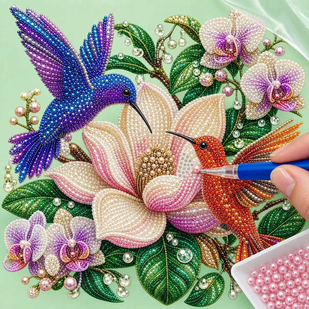 Hummingbirds Magnolia Orchids Pearl Diamond Painting Kit – process image