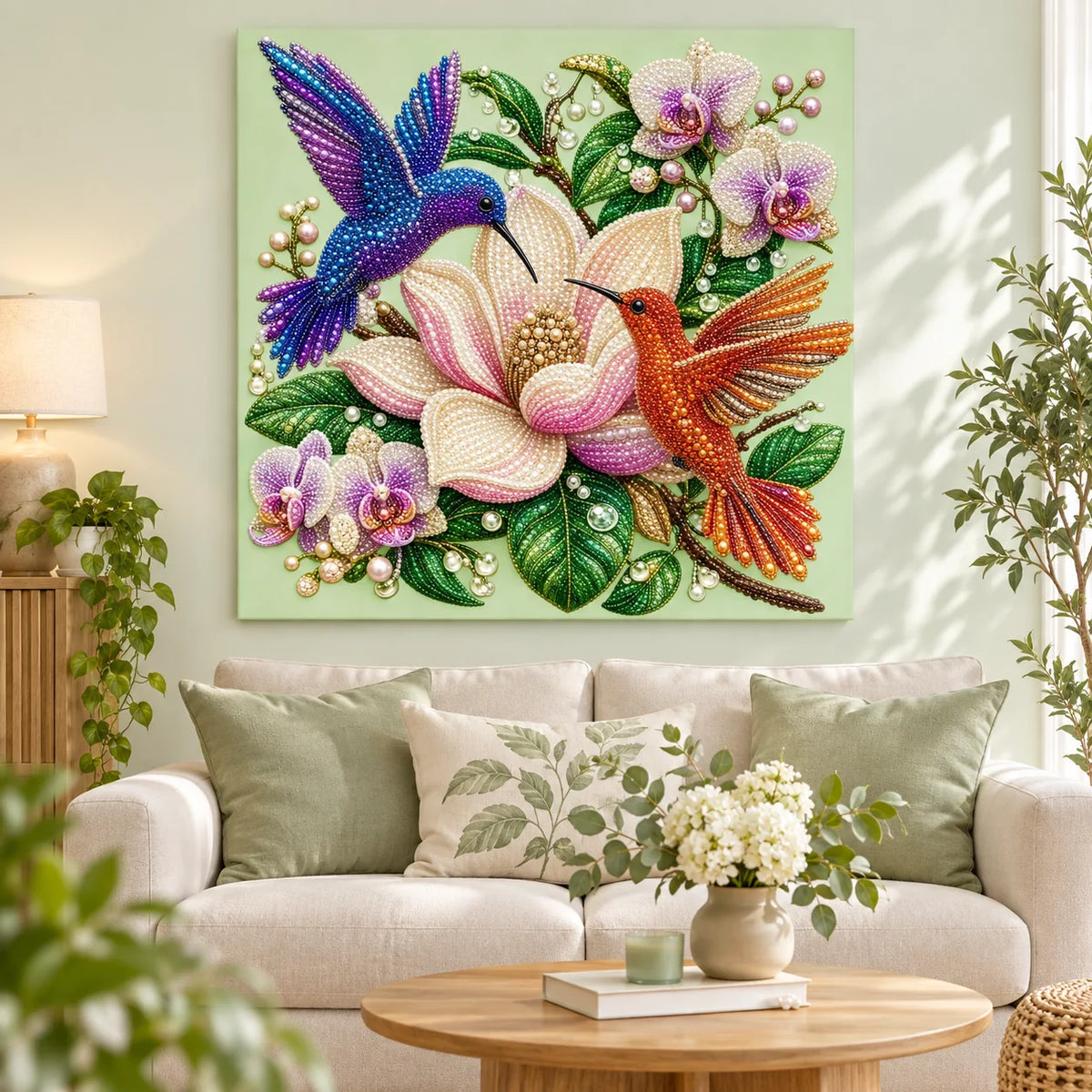 Hummingbirds Magnolia Orchids Pearl Diamond Painting Kit – room image