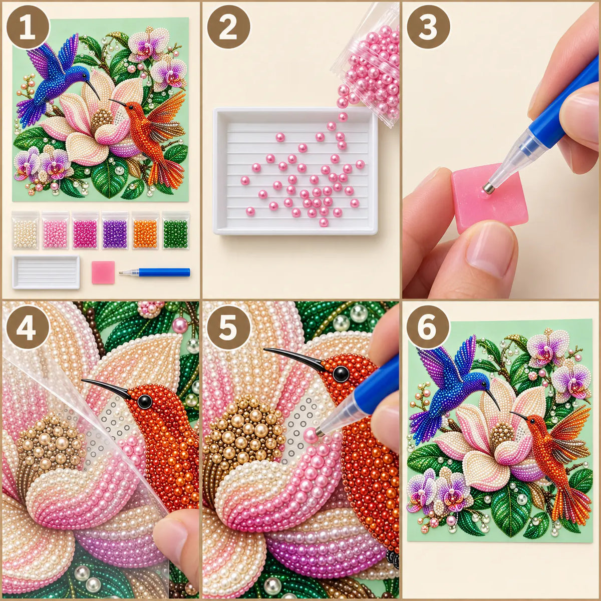 Hummingbirds Magnolia Orchids Pearl Diamond Painting Kit – tutorial image