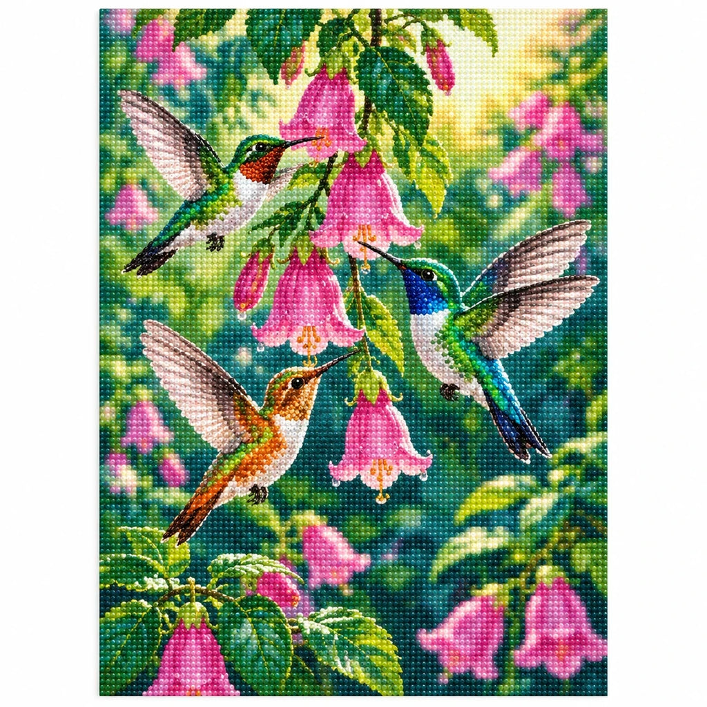 Hummingbirds Pink Bells Diamond Painting Kit finished diamond artwork on white background