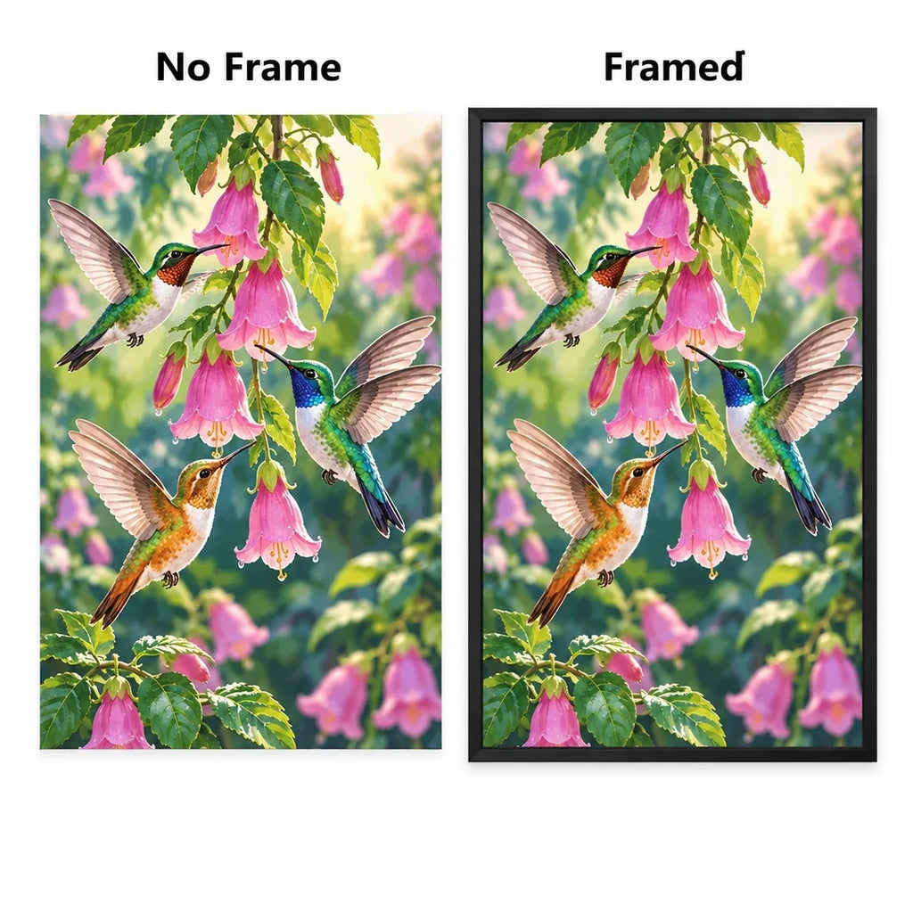 Hummingbirds Pink Bells Diamond Painting Kit No Frame and Framed comparison