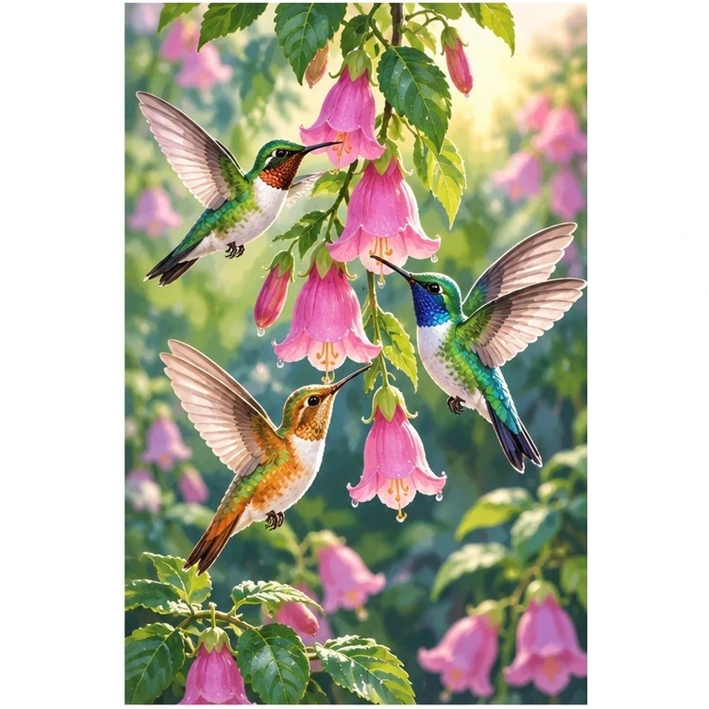 Hummingbirds Pink Bells original artwork on white background