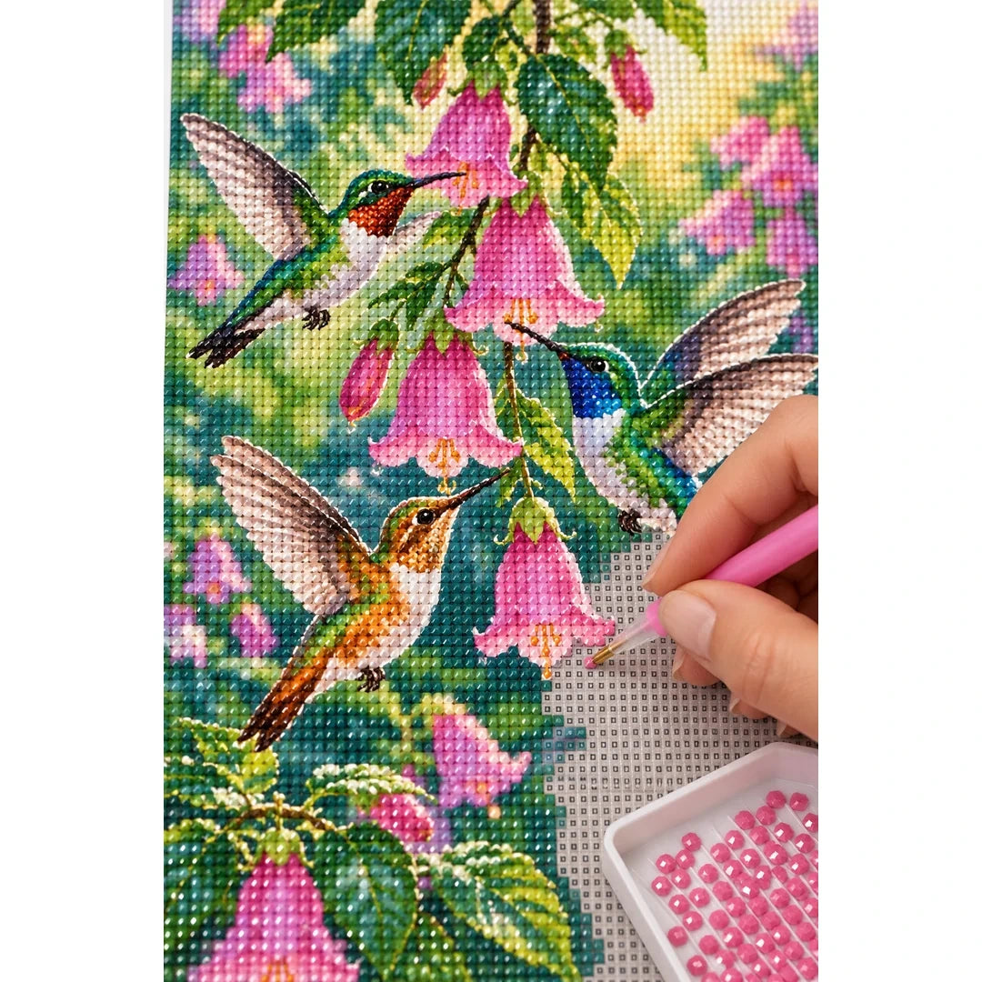 Hummingbirds Pink Bells Diamond Painting Kit diamond placement process
