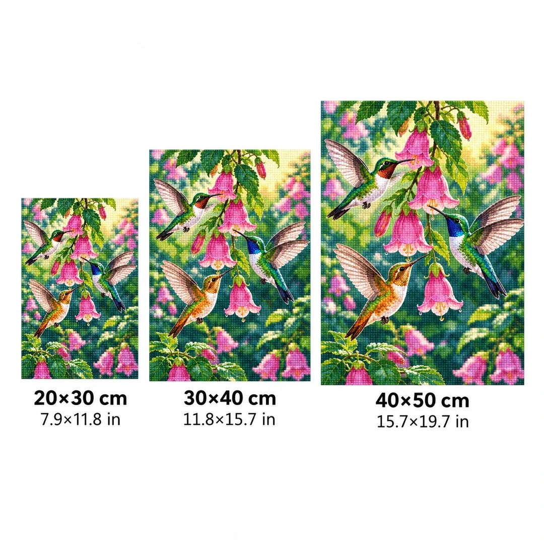 Hummingbirds Pink Bells Diamond Painting Kit size guide