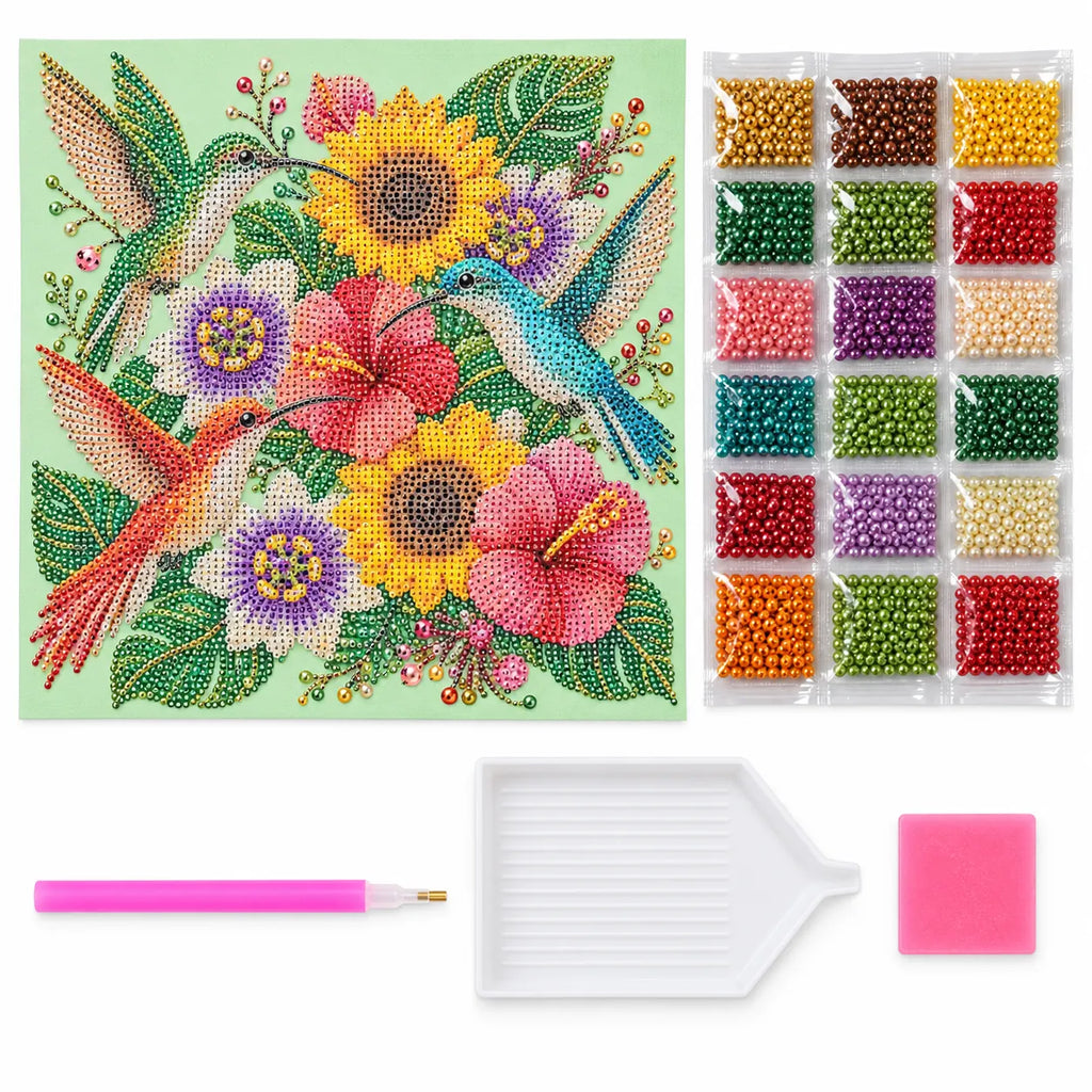 Hummingbirds Tropical Flowers Pearl Diamond Painting Kit – kit image