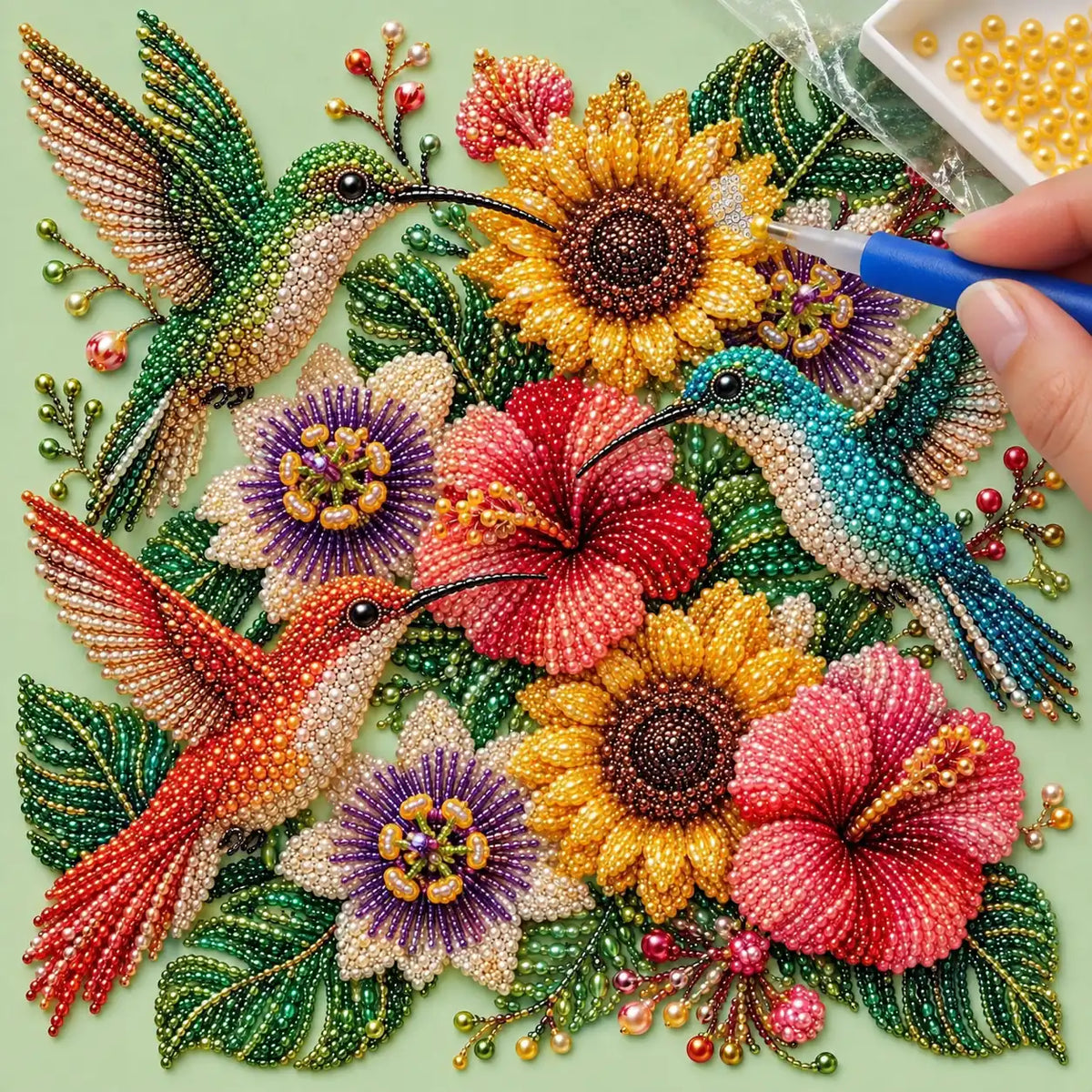 Hummingbirds Tropical Flowers Pearl Diamond Painting Kit – process image