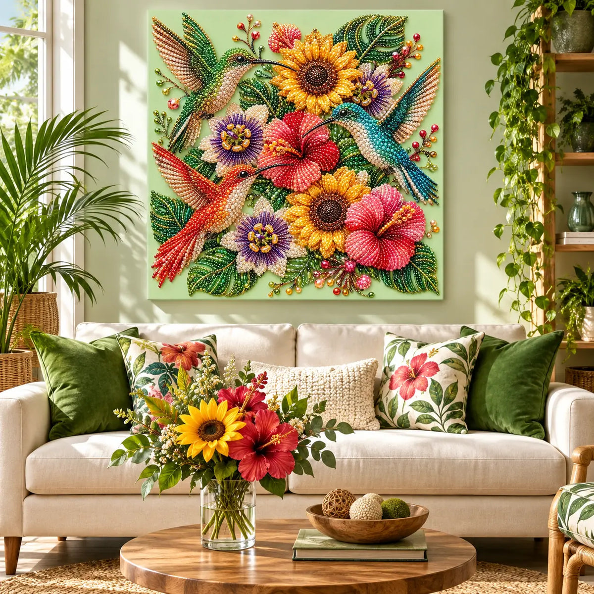 Hummingbirds Tropical Flowers Pearl Diamond Painting Kit – room image