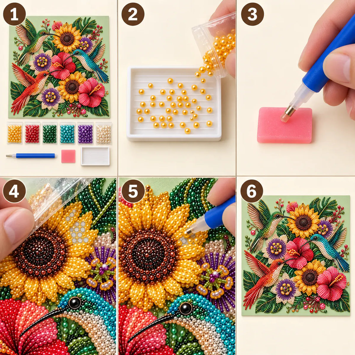 Hummingbirds Tropical Flowers Pearl Diamond Painting Kit – tutorial image