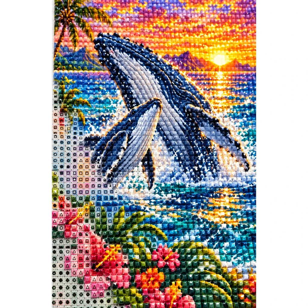 Humpback Whale Calf Tropical Sunset Diamond Painting Kit — canvas and drill material detail