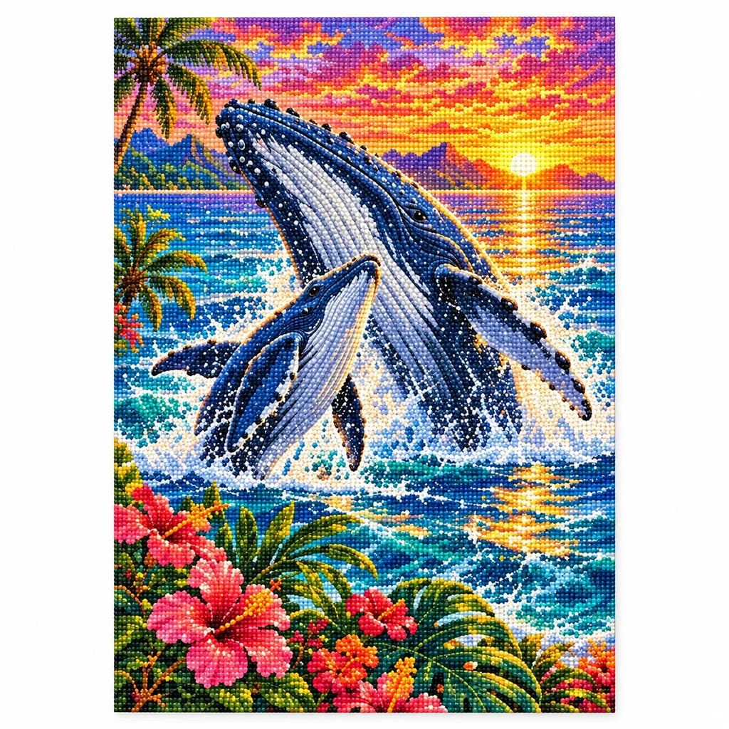 Humpback Whale Calf Tropical Sunset Diamond Painting Kit — finished diamond painting on white background