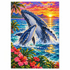 Humpback Whale Calf Tropical Sunset Diamond Painting Kit — finished diamond painting on white background