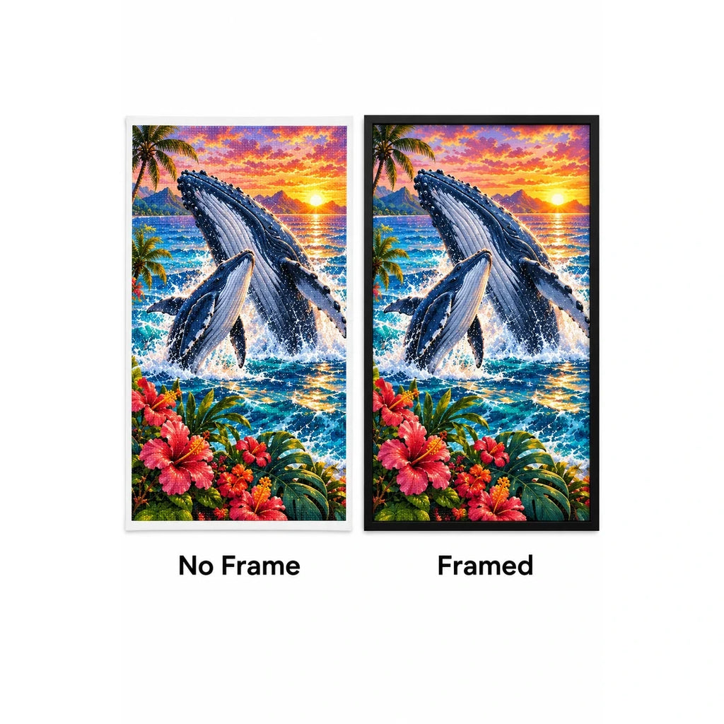 Humpback Whale Calf Tropical Sunset Diamond Painting Kit — No Frame and Framed style comparison