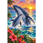 Humpback Whale Calf Tropical Sunset Diamond Painting Kit — original white-background artwork