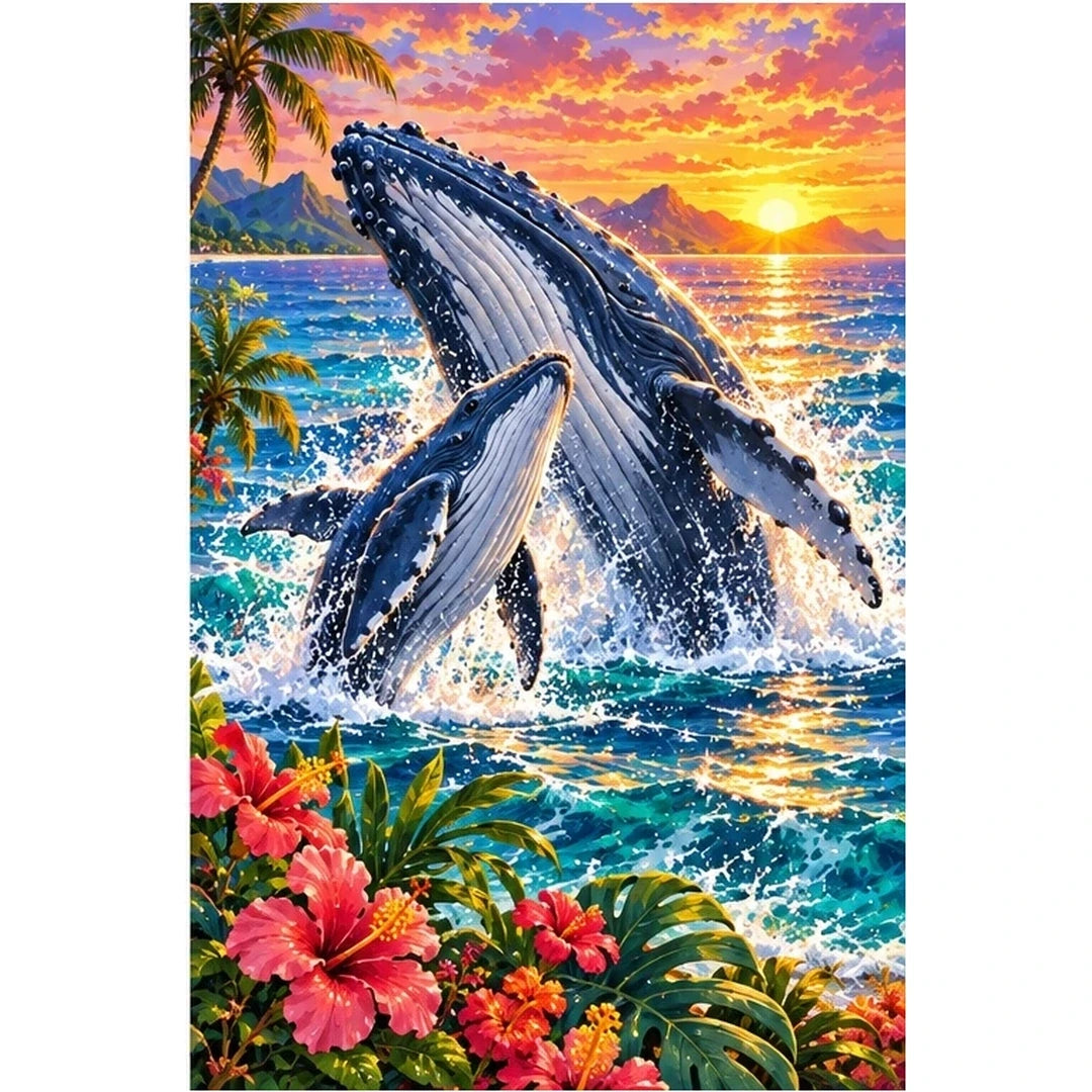 Humpback Whale Calf Tropical Sunset Diamond Painting Kit — original white-background artwork