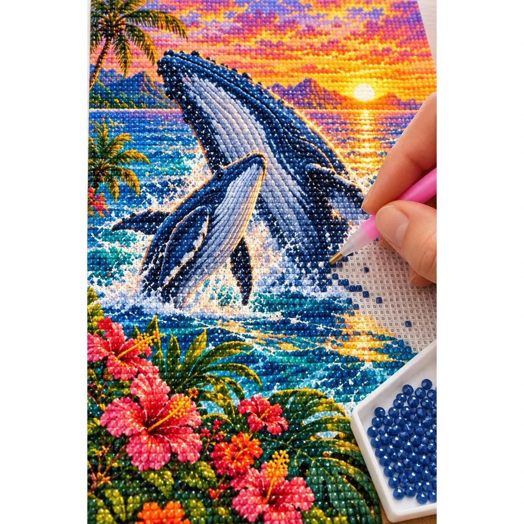 Humpback Whale Calf Tropical Sunset Diamond Painting Kit — diamond painting application process