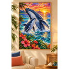 Humpback Whale Calf Tropical Sunset Diamond Painting Kit — finished diamond painting in a home setting