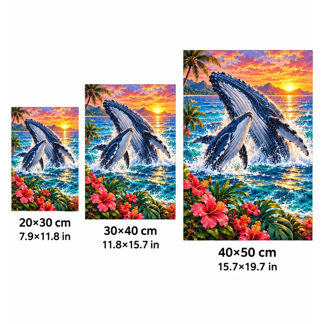 Humpback Whale Calf Tropical Sunset Diamond Painting Kit — 20 by 30, 30 by 40, and 40 by 50 centimeter size guide