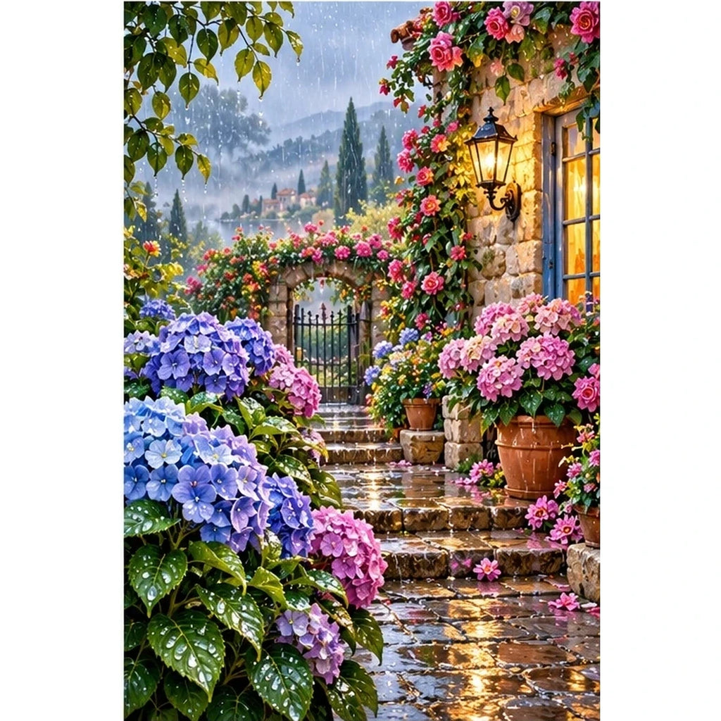 Hydrangea Garden Rainy Morning — original artwork on a clean white background