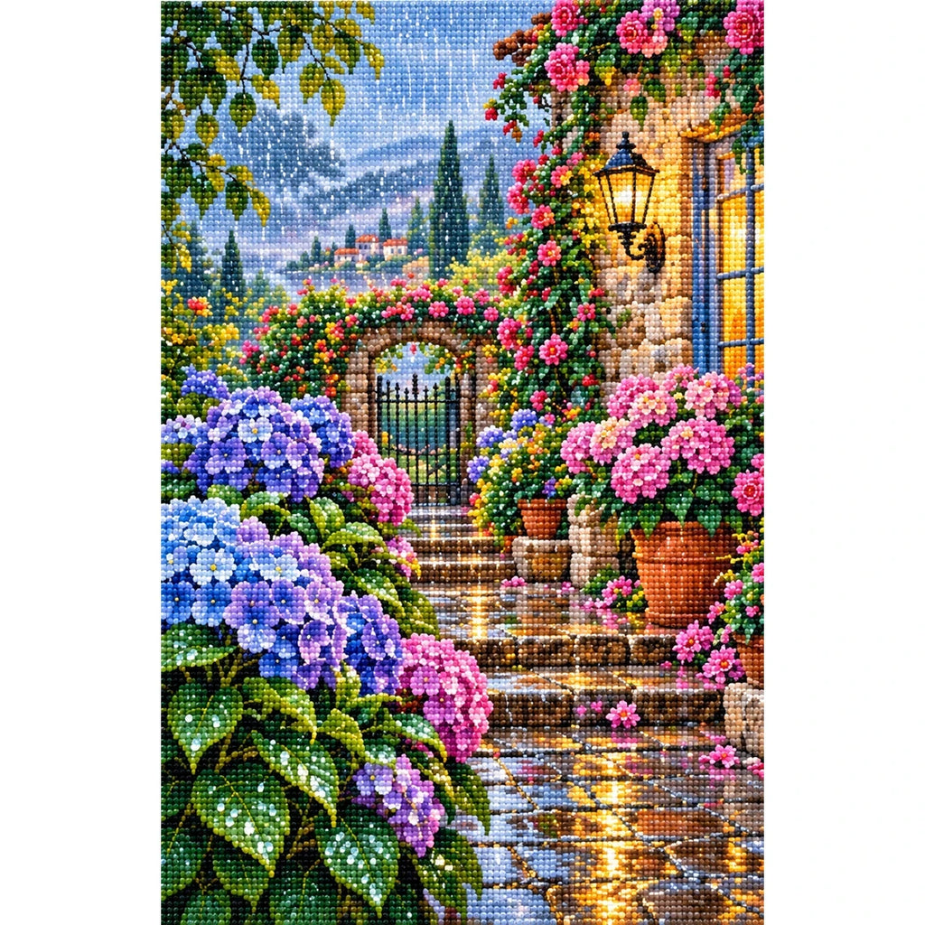 Hydrangea Garden Rainy Morning — finished diamond painting on a white background