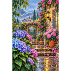 Hydrangea Garden Rainy Morning — finished diamond painting on a white background