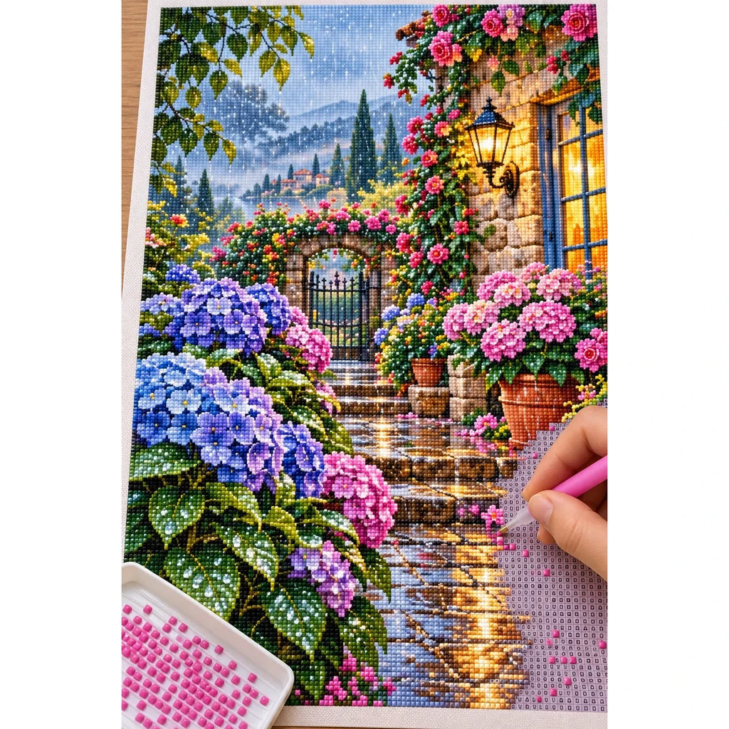 Hydrangea Garden Rainy Morning — diamond painting process with applicator pen