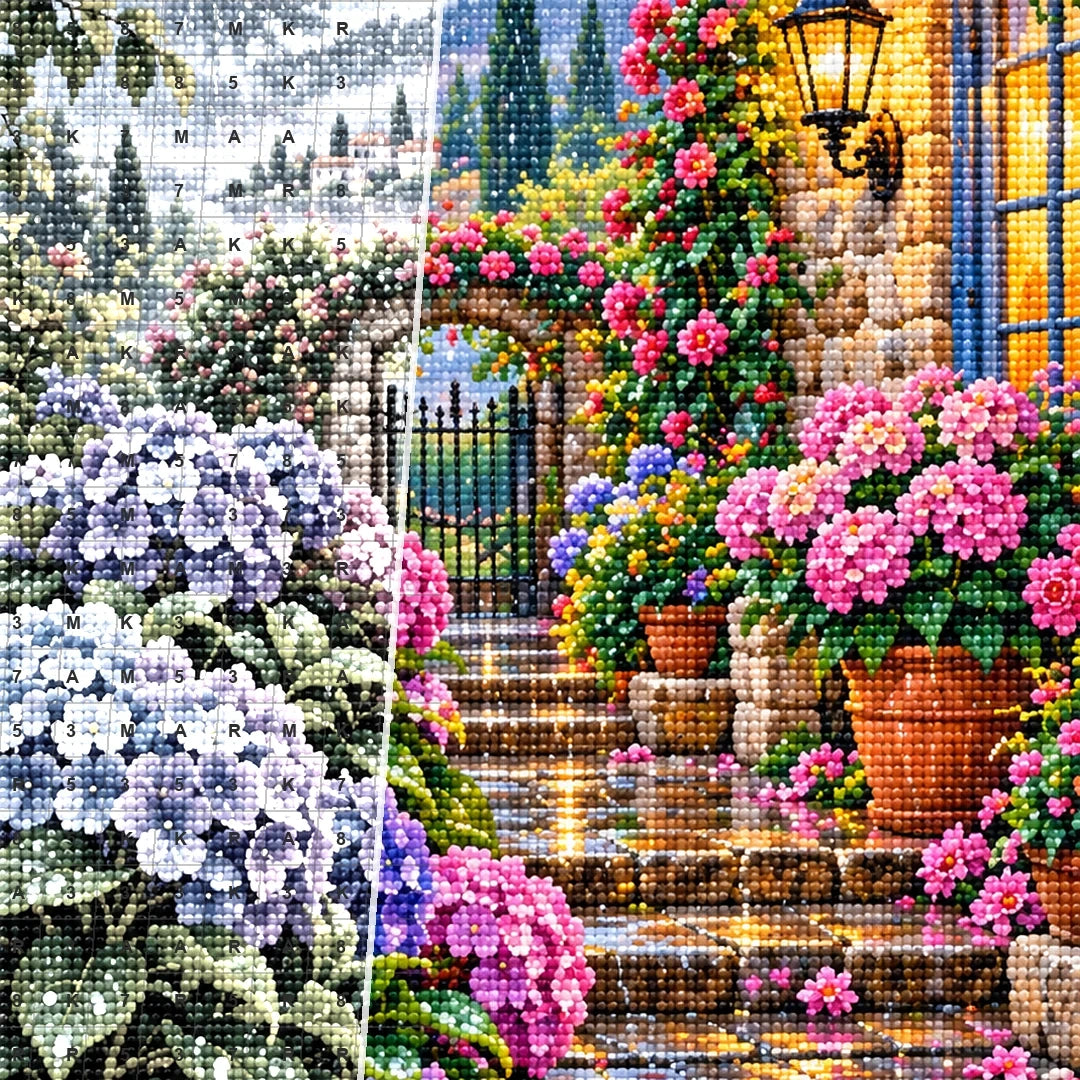 Hydrangea Garden Rainy Morning — close-up canvas and resin drill detail