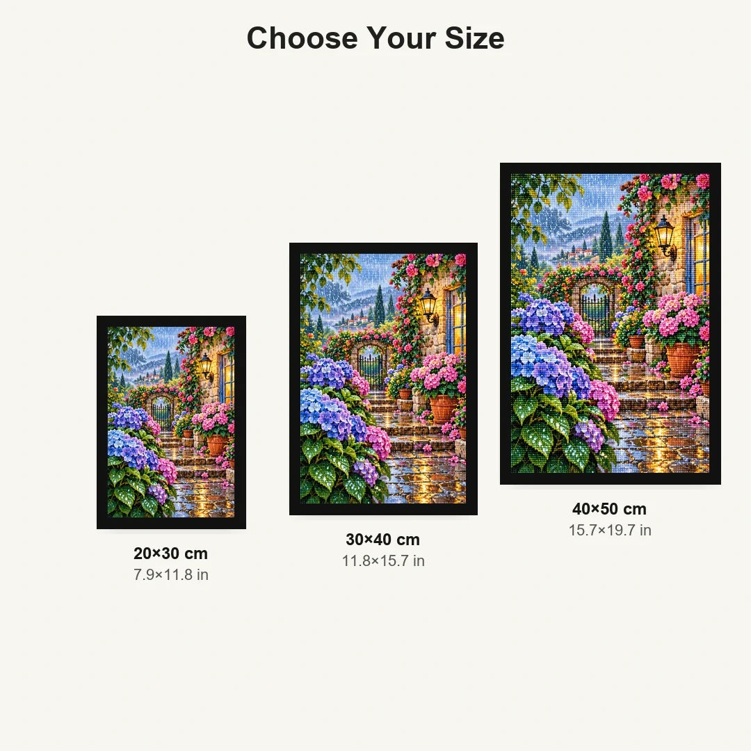 Hydrangea Garden Rainy Morning — size comparison for 20 × 30, 30 × 40 and 40 × 50 cm