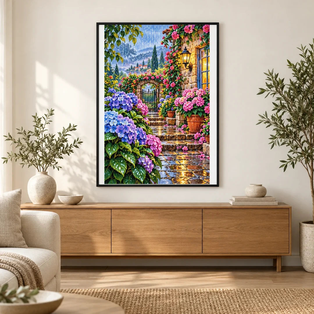 Hydrangea Garden Rainy Morning — finished diamond painting displayed in a home interior