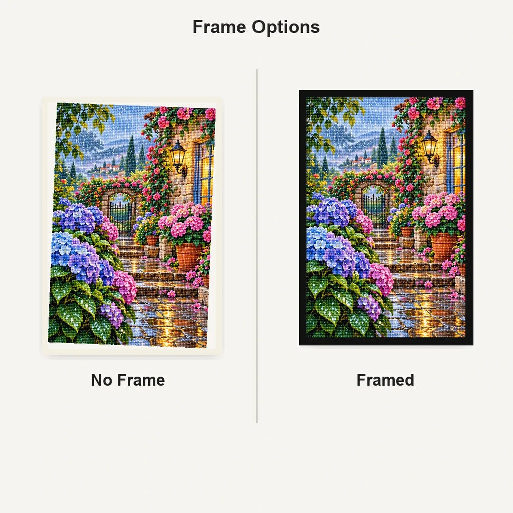 Hydrangea Garden Rainy Morning — No Frame and Framed style comparison