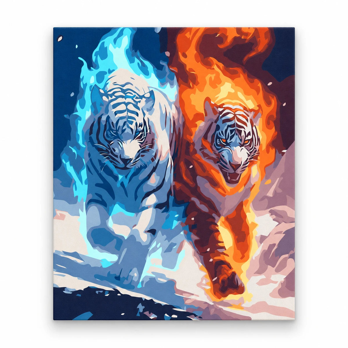 Ice and Fire Tigers paint by numbers artwork on a front-facing canvas against a white background