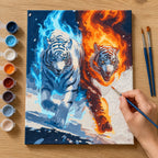 Complete Ice and Fire Tigers numbered canvas being painted with acrylic paints and brushes